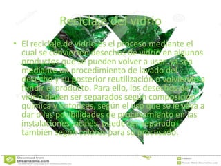 Reciclaje del vidrio
• El reciclaje de vidrio es el proceso mediante el
cual se convierten desechos de vidrio en algunos
productos que se pueden volver a usar, ya sea
mediante un procedimiento de lavado del
desecho y su posterior reutilización o volviendo a
fundir el producto. Para ello, los desechos de
vidrio deben ser separados según composición
química y entonces, según el uso que se le vaya a
dar o las posibilidades de procesamiento en las
instalaciones locales, puede ser separado
también según colores para su procesado.
 