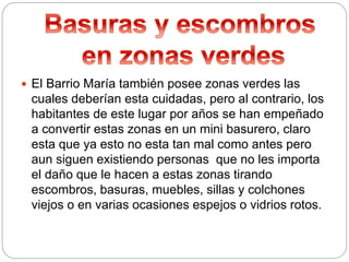  El Barrio María también posee zonas verdes las
cuales deberían esta cuidadas, pero al contrario, los
habitantes de este lugar por años se han empeñado
a convertir estas zonas en un mini basurero, claro
esta que ya esto no esta tan mal como antes pero
aun siguen existiendo personas que no les importa
el daño que le hacen a estas zonas tirando
escombros, basuras, muebles, sillas y colchones
viejos o en varias ocasiones espejos o vidrios rotos.
 