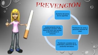 Aumento del precio
de los cigarrillos
Prohibición de venta a
personas menores de
edad
Prohibición completa de la
publicidad y patrocinio de los
productos del tabaco
Implementación de los
ambientes cerrados 100%
libres de humo que ayudan
a desnaturalizar el
consumo
 