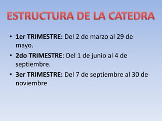 • 1er TRIMESTRE: Del 2 de marzo al 29 de
mayo.
• 2do TRIMESTRE: Del 1 de junio al 4 de
septiembre.
• 3er TRIMESTRE: Del 7 de septiembre al 30 de
noviembre
 