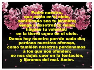 Padre nuestro,
que estás en el cielo,
santificado sea tu Nombre;
venga a nosotros tu reino;
hágase tu voluntad
en la tierra como en el cielo.
Danos hoy nuestro pan de cada día;
perdona nuestras ofensas,
como también nosotros perdonamos
a los que nos ofenden;
no nos dejes caer en la tentación,
y líbranos del mal. Amén.
 