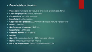  Características técnicas
 Ubicación: municipio de yacuiba, provincia gran chaco, tarija
 Costo del proyecto: $us608,9 millones
 Constructora: técnicas reunidas
 Superficie: 74,5 hectáreas.
 Capacidad de proceso: 32,19 mmmcd de gas natural y producirá:
 Etano: 3.144 tmd
 Glp (propano + butano): 2.247 tmd
 Isopentano: 1.044 bblsd
 Gasolina natural: 1.658 bblsd
 Destino
 Glp: 82% mercado externo y 18% mercado interno
 Etano: 100% industrialización interna
 Inicio de operaciones: último cuatrimestre de 2014
 