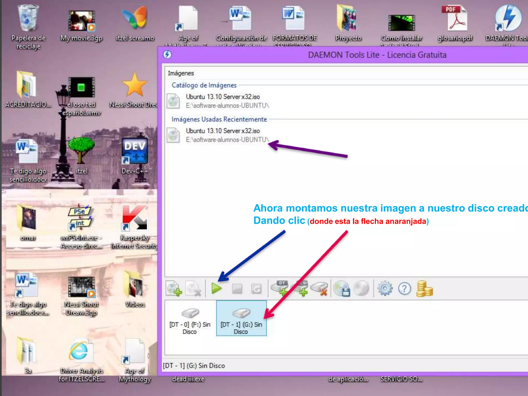 Ahora montamos nuestra imagen a nuestro disco creado
Dando clic (donde esta la flecha anaranjada)
Listo nuestra imagen esta mon
 
