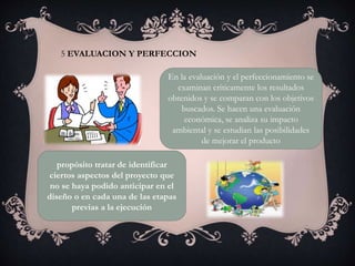 5 EVALUACION Y PERFECCION
En la evaluación y el perfeccionamiento se
examinan críticamente los resultados
obtenidos y se comparan con los objetivos
buscados. Se hacen una evaluación
económica, se analiza su impacto
ambiental y se estudian las posibilidades
de mejorar el producto
propósito tratar de identificar
ciertos aspectos del proyecto que
no se haya podido anticipar en el
diseño o en cada una de las etapas
previas a la ejecución
 