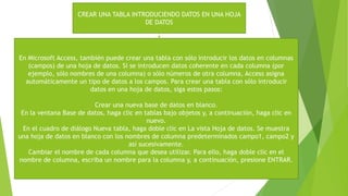 CREAR UNA TABLA INTRODUCIENDO DATOS EN UNA HOJA
DE DATOS
En Microsoft Access, también puede crear una tabla con sólo introducir los datos en columnas
(campos) de una hoja de datos. Si se introducen datos coherente en cada columna (por
ejemplo, sólo nombres de una columna) o sólo números de otra columna, Access asigna
automáticamente un tipo de datos a los campos. Para crear una tabla con sólo introducir
datos en una hoja de datos, siga estos pasos:
Crear una nueva base de datos en blanco.
En la ventana Base de datos, haga clic en tablas bajo objetos y, a continuación, haga clic en
nuevo.
En el cuadro de diálogo Nueva tabla, haga doble clic en La vista Hoja de datos. Se muestra
una hoja de datos en blanco con los nombres de columna predeterminados campo1, campo2 y
así sucesivamente.
Cambiar el nombre de cada columna que desea utilizar. Para ello, haga doble clic en el
nombre de columna, escriba un nombre para la columna y, a continuación, presione ENTRAR.
 