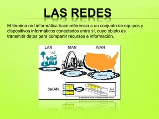 El término red informática hace referencia a un conjunto de equipos y
dispositivos informáticos conectados entre sí, cuyo objeto es
transmitir datos para compartir recursos e información.
 