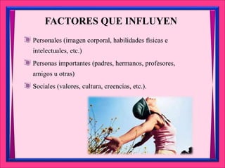 FACTORES QUE INFLUYEN
Personales (imagen corporal, habilidades físicas e
intelectuales, etc.)
Personas importantes (padres, hermanos, profesores,
amigos u otras)
Sociales (valores, cultura, creencias, etc.).
 