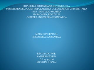 REPUBLICA BOLIVARIANA DE VENEZUELA
MINISTERIO DEL PODER POPULAR PARA LA EDUCACION UNIVERSITARIA
I.U.P. “SANTIAGO MARIÑO”
MARACAIBO_EDO.ZULIA
CATEDRA: INGENIERIA ECONOMICA
MAPA CONCEPTUAL
INGENIERIA ECONOMICA
REALIZADO POR:
KATHERINE VERA
C.I: 23.479.116
SECCION: S (SAIA)
 