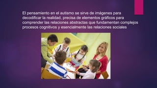 El pensamiento en el autismo se sirve de imágenes para
decodificar la realidad, precisa de elementos gráficos para
comprender las relaciones abstractas que fundamentan complejos
procesos cognitivos y esencialmente las relaciones sociales
 