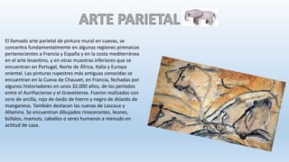 El llamado arte parietal de pintura mural en cuevas, se
concentra fundamentalmente en algunas regiones pirenaicas
pertenecientes a Francia y España y en la costa mediterránea
en el arte levantino, y en otras muestras inferiores que se
encuentran en Portugal, Norte de África, Italia y Europa
oriental. Las pinturas rupestres más antiguas conocidas se
encuentran en la Cueva de Chauvet, en Francia, fechadas por
algunos historiadores en unos 32.000 años, de los períodos
entre el Auriñaciense y el Gravetiense. Fueron realizadas con
ocre de arcilla, rojo de óxido de hierro y negro de dióxido de
manganeso. También destacan las cuevas de Lascaux y
Altamira. Se encuentran dibujados rinocerontes, leones,
búfalos, mamuts, caballos o seres humanos a menudo en
actitud de caza.
 