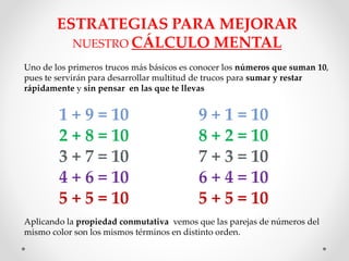 ESTRATEGIAS PARA MEJORAR
NUESTRO CÁLCULO MENTAL
Uno de los primeros trucos más básicos es conocer los números que suman 10,
pues te servirán para desarrollar multitud de trucos para sumar y restar
rápidamente y sin pensar en las que te llevas
1 + 9 = 10 9 + 1 = 10
2 + 8 = 10 8 + 2 = 10
3 + 7 = 10 7 + 3 = 10
4 + 6 = 10 6 + 4 = 10
5 + 5 = 10 5 + 5 = 10
Aplicando la propiedad conmutativa vemos que las parejas de números del
mismo color son los mismos términos en distinto orden.
 