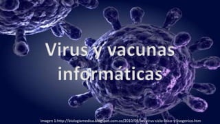 Virus y vacunas
informáticas
Imagen 1:http://biologiamedica.blogspot.com.co/2010/09/los-virus-ciclo-litico-y-lisogenico.htm
 