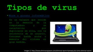 Tipos de virus
Imagen 2: http://www.eliminarspyware.com/eliminar-worm-hamweq-da-como-eliminar-worm-
• Worm o gusano informático
Es un malware que reside
en la memoria de la
computadora y se
caracteriza por
duplicarse en ella, sin la
asistencia de un usuario.
Consumen banda ancha o
memoria del sistema en
gran medida.
 