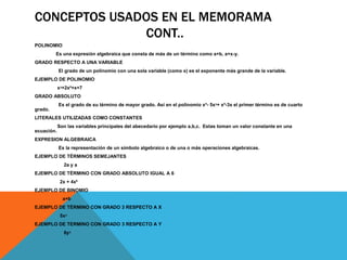 CONCEPTOS USADOS EN EL MEMORAMA
CONT..
POLINOMIO
Es una expresión algebraica que consta de más de un término como a+b, a+x-y.
GRADO RESPECTO A UNA VARIABLE
El grado de un polinomio con una sola variable (como x) es el exponente más grande de la variable.
EJEMPLO DE POLINOMIO
xᶟ+2x²+x+7
GRADO ABSOLUTO
Es el grado de su término de mayor grado. Así en el polinomio x⁴- 5xᶟ+ x²-3x el primer término es de cuarto
grado.
LITERALES UTILIZADAS COMO CONSTANTES
Son las variables principales del abecedario por ejemplo a,b,c. Estas toman un valor constante en una
ecuación.
EXPRESION ALGEBRAICA
Es la representación de un símbolo algebraico o de una o más operaciones algebraicas.
EJEMPLO DE TÉRMINOS SEMEJANTES
2a y a
EJEMPLO DE TÉRMINO CON GRADO ABSOLUTO IGUAL A 6
2x + 4x⁶
EJEMPLO DE BINOMIO
a+b
EJEMPLO DE TÉRMINO CON GRADO 3 RESPECTO A X
5xᶟ
EJEMPLO DE TERMINO CON GRADO 3 RESPECTO A Y
8yᶟ
 
