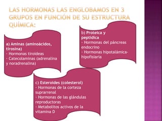 a) Aminas (aminoácidos,
tirosina)
· Hormonas tiroideas
· Catecolaminas (adrenalina
y noradrenalina)
b) Proteica y
peptídica
· Hormonas del páncreas
endocrino
· Hormonas hipotalámica-
hipofisiaria
c) Esteroides (colesterol)
· Hormonas de la corteza
suprarrenal
· Hormonas de las glándulas
reproductoras
· Metabolitos activos de la
vitamina D
 
