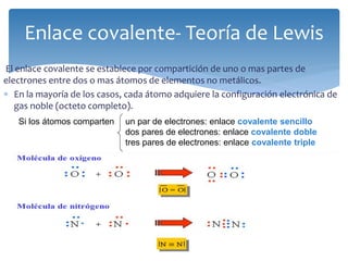 El enlace covalente se establece por compartición de uno o mas partes de
electrones entre dos o mas átomos de elementos no metálicos.
 En la mayoría de los casos, cada átomo adquiere la configuración electrónica de
gas noble (octeto completo).
Enlace covalente- Teoría de Lewis
Si los átomos comparten un par de electrones: enlace covalente sencillo
dos pares de electrones: enlace covalente doble
tres pares de electrones: enlace covalente triple
 