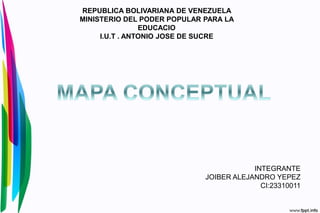 REPUBLICA BOLIVARIANA DE VENEZUELA
MINISTERIO DEL PODER POPULAR PARA LA
EDUCACIO
I.U.T . ANTONIO JOSE DE SUCRE
INTEGRANTE
JOIBER ALEJANDRO YEPEZ
CI:23310011
 