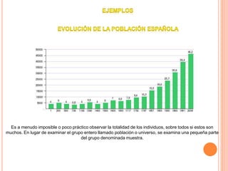 Es a menudo imposible o poco práctico observar la totalidad de los individuos, sobre todos si estos son
muchos. En lugar de examinar el grupo entero llamado población o universo, se examina una pequeña parte
del grupo denominada muestra.
 
