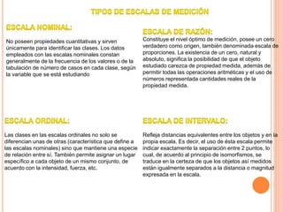 No poseen propiedades cuantitativas y sirven
únicamente para identificar las clases. Los datos
empleados con las escalas nominales constan
generalmente de la frecuencia de los valores o de la
tabulación de número de casos en cada clase, según
la variable que se está estudiando
Las clases en las escalas ordinales no solo se
diferencian unas de otras (característica que define a
las escalas nominales) sino que mantiene una especie
de relación entre sí. También permite asignar un lugar
específico a cada objeto de un mismo conjunto, de
acuerdo con la intensidad, fuerza, etc.
Refleja distancias equivalentes entre los objetos y en la
propia escala. Es decir, el uso de ésta escala permite
indicar exactamente la separación entre 2 puntos, lo
cual, de acuerdo al principio de isomorfismos, se
traduce en la certeza de que los objetos así medidos
están igualmente separados a la distancia o magnitud
expresada en la escala.
Constituye el nivel óptimo de medición, posee un cero
verdadero como origen, también denominada escala de
proporciones. La existencia de un cero, natural y
absoluto, significa la posibilidad de que el objeto
estudiado carezca de propiedad medida, además de
permitir todas las operaciones aritméticas y el uso de
números representada cantidades reales de la
propiedad medida.
 