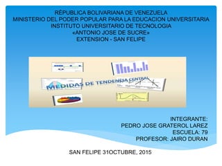 RÉPUBLICA BOLIVARIANA DE VENEZUELA
MINISTERIO DEL PODER POPULAR PARA LA EDUCACION UNIVERSITARIA
INSTITUTO UNIVERSITARIO DE TECNOLOGIA
«ANTONIO JOSE DE SUCRE»
EXTENSION - SAN FELIPE
INTEGRANTE:
PEDRO JOSE GRATEROL LAREZ
ESCUELA: 79
PROFESOR: JAIRO DURAN
SAN FELIPE 31OCTUBRE, 2015
 
