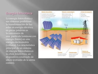 Energía fotovoltaica
La energía fotovoltaica y
sus sistemas posibilitan
la transformación de luz
solar en energía eléctrica,
en pocas palabras es
la conversión de
una partícula luminosa con
energía (fotón) en una
energía electromotriz
(voltaica). La característica
principal de un sistema
de energía fotovoltaica es
la célula fotoeléctrica, un
dispositivo construido de
silicio (extraído de la arena
común).
 