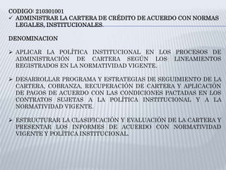CODIGO: 210301001
 ADMINISTRAR LA CARTERA DE CRÉDITO DE ACUERDO CON NORMAS
LEGALES, INSTITUCIONALES.
DENOMINACION
 APLICAR LA POLÍTICA INSTITUCIONAL EN LOS PROCESOS DE
ADMINISTRACIÓN DE CARTERA SEGÚN LOS LINEAMIENTOS
REGISTRADOS EN LA NORMATIVIDAD VIGENTE.
 DESARROLLAR PROGRAMA Y ESTRATEGIAS DE SEGUIMIENTO DE LA
CARTERA, COBRANZA, RECUPERACIÓN DE CARTERA Y APLICACIÓN
DE PAGOS DE ACUERDO CON LAS CONDICIONES PACTADAS EN LOS
CONTRATOS SUJETAS A LA POLÍTICA INSTITUCIONAL Y A LA
NORMATIVIDAD VIGENTE.
 ESTRUCTURAR LA CLASIFICACIÓN Y EVALUACIÓN DE LA CARTERA Y
PRESENTAR LOS INFORMES DE ACUERDO CON NORMATIVIDAD
VIGENTE Y POLÍTICA INSTITUCIONAL.
 