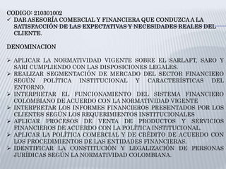 CODIGO: 210301002
 DAR ASESORÍA COMERCIAL Y FINANCIERA QUE CONDUZCAA LA
SATISFACCIÓN DE LAS EXPECTATIVAS Y NECESIDADES REALES DEL
CLIENTE.
DENOMINACION
 APLICAR LA NORMATIVIDAD VIGENTE SOBRE EL SARLAFT, SARO Y
SARI CUMPLIENDO CON LAS DISPOSICIONES LEGALES.
 REALIZAR SEGMENTACIÓN DE MERCADO DEL SECTOR FINANCIERO
SEGÚN POLÍTICA INSTITUCIONAL Y CARACTERÍSTICAS DEL
ENTORNO.
 INTERPRETAR EL FUNCIONAMIENTO DEL SISTEMA FINANCIERO
COLOMBIANO DE ACUERDO CON LA NORMATIVIDAD VIGENTE
 INTERPRETAR LOS INFORMES FINANCIEROS PRESENTADOS POR LOS
CLIENTES SEGÚN LOS REQUERIMIENTOS INSTITUCIONALES
 APLICAR PROCESOS DE VENTA DE PRODUCTOS Y SERVICIOS
FINANCIEROS DE ACUERDO CON LA POLÍTICA INSTITUCIONAL.
 APLICAR LA POLÍTICA COMERCIAL Y DE CRÉDITO DE ACUERDO CON
LOS PROCEDIMIENTOS DE LAS ENTIDADES FINANCIERAS.
 IDENTIFICAR LA CONSTITUCIÓN Y LEGALIZACIÓN DE PERSONAS
JURÍDICAS SEGÚN LA NORMATIVIDAD COLOMBIANA.
 