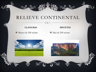  Menor de 200 msnm  Mas de 200 msnm
RELIEVE CONTINENTAL
LLANURAS MECETAS
 