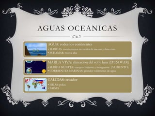 AGUAS OCEANICAS
AGUA: rodea los continentes
• MAREAS: movimientos verticales de asenso y descenso
• PLEAMAR: marea alta
MAREA VIVA: alineación del sol y luna (DESOVAR)
• MAREA MUERTA: cuerpo creciente y menguante (ALIMENTO)
• CORRIENTES MARINAS: grandes volúmenes de agua
CALIDAS: ecuador
• FRIAS: polos
• PAISES
 