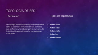 TOPOLOGÍA DE RED
Definición
La topología de red o forma lógica de red se define
como la cadena de comunicación que los nodos
que conforman una red usan para comunicarse. Es
la distribución geométrica de las computadoras
conectadas
Tipos de topologías
• Red en anillo
• Red en árbol
• Red en malla
• Red en bus
• Red en estrella
 