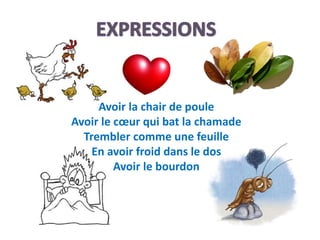 Avoir la chair de poule
Avoir le cœur qui bat la chamade
Trembler comme une feuille
En avoir froid dans le dos
Avoir le bourdon
 