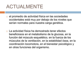 ACTUALMENTE
 el promedio de actividad física en las sociedades
occidentales está muy por debajo de los niveles que
serían normales para nuestra carga genética.
 La actividad física ha demostrado tener efectos
beneficiosos en el metabolismo de la glucosa, en la
función del músculo esquelético, en la fuerza de los
músculos de la ventilación, en la estabilidad ósea, en la
coordinación locomotora, en el bienestar psicológico y
en otras funciones del organismo.
 