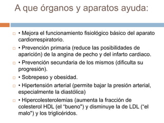 A que órganos y aparatos ayuda:
 • Mejora el funcionamiento fisiológico básico del aparato
cardiorrespiratorio.
 • Prevención primaria (reduce las posibilidades de
aparición) de la angina de pecho y del infarto cardiaco.
 • Prevención secundaria de los mismos (dificulta su
progresión).
 • Sobrepeso y obesidad.
 • Hipertensión arterial (permite bajar la presión arterial,
especialmente la diastólica)
 • Hipercolesterolemias (aumenta la fracción de
colesterol HDL (el “bueno") y disminuye la de LDL (“el
malo") y los triglicéridos.
 
