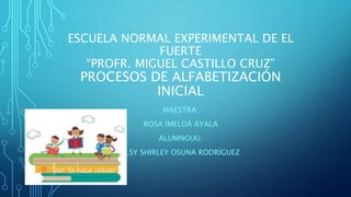 ESCUELA NORMAL EXPERIMENTAL DE EL
FUERTE
“PROFR. MIGUEL CASTILLO CRUZ”
PROCESOS DE ALFABETIZACIÓN
INICIAL
MAESTRA:
ROSA IMELDA AYALA
ALUMNO(A):
ELSY SHIRLEY OSUNA RODRÍGUEZ
 