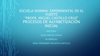 ESCUELA NORMAL EXPERIMENTAL DE EL
FUERTE
“PROFR. MIGUEL CASTILLO CRUZ”
PROCESOS DE ALFABETIZACIÓN
INICIAL
MAETSRA:
ROSA IMELDA AYALA
ALUMNO(A):
ROEL FERNANDO PALAFOX CASTILLO
 