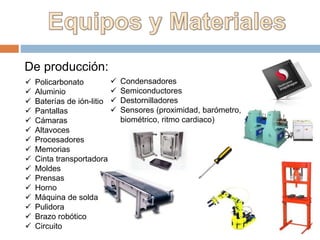  Policarbonato
 Aluminio
 Baterías de ión-litio
 Pantallas
 Cámaras
 Altavoces
 Procesadores
 Memorias
 Cinta transportadora
 Moldes
 Prensas
 Horno
 Máquina de soldar
 Pulidora
 Brazo robótico
 Circuito
De producción:
 Condensadores
 Semiconductores
 Destornilladores
 Sensores (proximidad, barómetro,
biométrico, ritmo cardiaco)
 