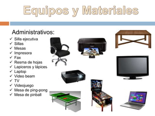 Administrativos:
 Silla ejecutiva
 Sillas
 Mesas
 Impresora
 Fax
 Resma de hojas
 Lapiceros y lápices
 Laptop
 Video beam
 TV
 Videojuego
 Mesa de ping-pong
 Mesa de pinball
 