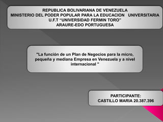 REPUBLICA BOLIVARIANA DE VENEZUELA
MINISTERIO DEL PODER POPULAR PARA LA EDUCACION UNIVERSITARIA
U.F.T “UNIVERSIDAD FERMIN TORO”
ARAURE-EDO PORTUGUESA
PARTICIPANTE:
CASTILLO MARIA 20.387.396
"La función de un Plan de Negocios para la micro,
pequeña y mediana Empresa en Venezuela y a nivel
internacional "
 