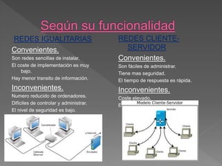 REDES IGUALITARIAS
Convenientes.
Son redes sencillas de instalar.
El coste de implementación es muy
bajo.
Hay menor transito de información.
Inconvenientes.
Numero reducido de ordenadores.
Difíciles de controlar y administrar.
El nivel de seguridad es bajo.
REDES CLIENTE-
SERVIDOR
Convenientes.
Son fáciles de administrar.
Tiene mas seguridad.
El tiempo de respuesta es rápida.
Inconvenientes.
Coste elevado.
El transito es muy intenso.
 