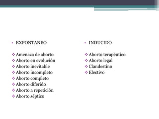 • EXPONTANEO
Amenaza de aborto
Aborto en evolución
Aborto inevitable
Aborto incompleto
Aborto completo
Aborto diferido
Aborto a repetición
Aborto séptico
• INDUCIDO
Aborto terapéutico
Aborto legal
Clandestino
Electivo
 