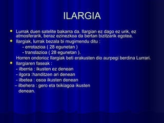 ILARGIAILARGIA
 Lurrak duen satelite bakarra da. Ilargian ez dago ez urik, ezLurrak duen satelite bakarra da. Ilargian ez dago ez urik, ez
atmosferarik, beraz ezinezkoa da bertan bizitzarik egotea.atmosferarik, beraz ezinezkoa da bertan bizitzarik egotea.
 Ilargiak, lurrak bezala bi mugimendu ditu :Ilargiak, lurrak bezala bi mugimendu ditu :
- errotazioa ( 28 egunetan )- errotazioa ( 28 egunetan )
- translazioa ( 28 egunetan ).- translazioa ( 28 egunetan ).
Horren ondorioz Ilargiak beti erakusten dio aurpegi berdina Lurrari.Horren ondorioz Ilargiak beti erakusten dio aurpegi berdina Lurrari.
 Ilargiaren faseak :Ilargiaren faseak :
- ilberria : ikusten ez denean- ilberria : ikusten ez denean
- ilgora :handitzen ari denean- ilgora :handitzen ari denean
- ilbetea : osoa ikusten denean- ilbetea : osoa ikusten denean
–– ilbehera : gero eta txikiagoa ikustenilbehera : gero eta txikiagoa ikusten
denean.denean.
 