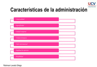Robinson Lavado Ortega
Características de la administración
Universalidad
Especificidad
Unidad temporal
Unidad jerárquica
Valor instrumental
Amplitud de ejercicio
Flexibilidad
 