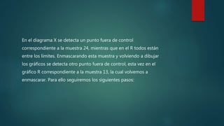 En el diagrama X se detecta un punto fuera de control
correspondiente a la muestra 24, mientras que en el R todos están
entre los límites. Enmascarando esta muestra y volviendo a dibujar
los gráficos se detecta otro punto fuera de control, esta vez en el
gráfico R correspondiente a la muestra 13, la cual volvemos a
enmascarar. Para ello seguiremos los siguientes pasos:
 