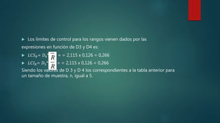  Los limites de control para los rangos vienen dados por las
expresiones en función de D3 y D4 es:
 𝐿𝐶𝑆 𝑅= 𝐷4* = = 2,115 x 0,126 = 0,266
 𝐿𝐶𝐼 𝑅= 𝐷3* = = 2,115 x 0,126 = 0,266
Siendo los valores de D 3 y D 4 los correspondientes a la tabla anterior para
un tamaño de muestra, n, igual a 5.
 