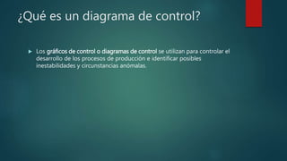 ¿Qué es un diagrama de control?
 Los gráficos de control o diagramas de control se utilizan para controlar el
desarrollo de los procesos de producción e identificar posibles
inestabilidades y circunstancias anómalas.
 