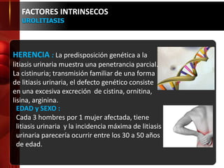 HERENCIA : La predisposición genética a la
litiasis urinaria muestra una penetrancia parcial.
La cistinuria; transmisión familiar de una forma
de litiasis urinaria, el defecto genético consiste
en una excesiva excreción de cistina, ornitina,
lisina, arginina.
FACTORES INTRINSECOS
UROLITIASIS
EDAD y SEXO :
Cada 3 hombres por 1 mujer afectada, tiene
litiasis urinaria y la incidencia máxima de litiasis
urinaria parecería ocurrir entre los 30 a 50 años
de edad.
 