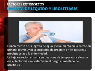 FACTORES EXTRINSECOS
INGESTA DE LIQUIDO Y UROLITIASIS
El incremento de la ingesta de agua y el aumento en la excreción
urinaria disminuyen la incidencia de urolitiais en las personas
predispuestas a la enfermedad.
La baja excreción urinaria en una zona de temperatura elevada
era el factor más importante en el riesgo aumentado de
urolitiasis.
 