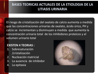El riesgo de cristalización del oxalato de calcio aumenta a medida
que las concentraciones urinarias de oxalato, ácido úrico, PH y
calcio se incrementan y disminuyen a medida que aumenta la
concentración urinaria total de los inhibidores proteicos y el
volumen urinario total
BASES TEORICAS ACTUALES DE LA ETIOLOGIA DE LA
LITIASIS URINARIA
EXISTEN 4 TEORIAS :
1. Sobresaturación
/cristalización
2. Nucleación matricial
3. La ausencia de inhibidor
4. La epitaxia
 