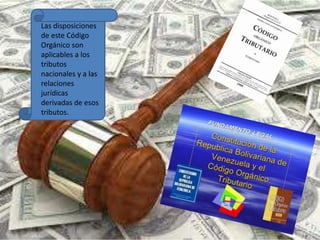 Las disposiciones
de este Código
Orgánico son
aplicables a los
tributos
nacionales y a las
relaciones
jurídicas
derivadas de esos
tributos.
 