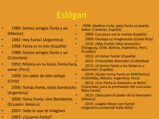 Eslógan
• 1980: Somos amigos Fanta y yo.
(México)
• 1982: Hey Fanta! (Argentina)
• 1988: Fanta es lo mío (España)
• 1989: Somos amigos Fanta y yo
(Colombia)
• 1992: Música en tu boca, Fanta hará
sonar (Perú)
• 1996: Un sabor de alto voltaje
(Chile)
• 2006: Tomás Fanta, estás bambucha
(Argentina)
• 2006: Toma Fanta, vive Bamboche
(Ecuador, México)
• 2007: Todo lo que te imagines
• 2007: ¿Quieres Fanta?
• 2008: Ideálico mola, pero Fanta se puede
beber (Canarias, España)
• 2009: Con poco me lo monto (España)
• 2009: Destapa tu imaginación (Costa Rica)
• 2010: ¡Más Fanta! ¡Más diversión!
(Paraguay, Chile, Bolivia, Argentina, Perú,
Ecuador)
• 2012: ¡A tomar Fanta! (España)
• 2012: ¡Irresistible diversión! (Colombia)
• 2013: ¡A tomar Fanta a los fanteros y
diviértete! (España)
• 2014: ¡Quien toma Fanta es FANTAstico!
(Colombia, México, Argentina, Perú)
• 2014: ¡Con Fanta la diversión se Baila!
(Colombia; para la promoción del concurso
Baila Fanta)
• 2015: ¡Descubre el poder de la diversión!
(México)
• 2015: ¡Jugala Mejor con Fanta!
(Argentina,comercial baila GiGi)
 